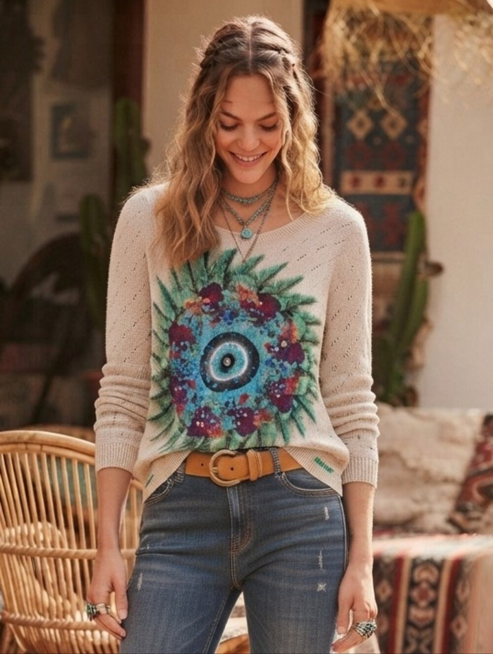 Desigual Evil Eye Motif Embellished Pointelle Knit Crewneck Sweater Size M Artsy